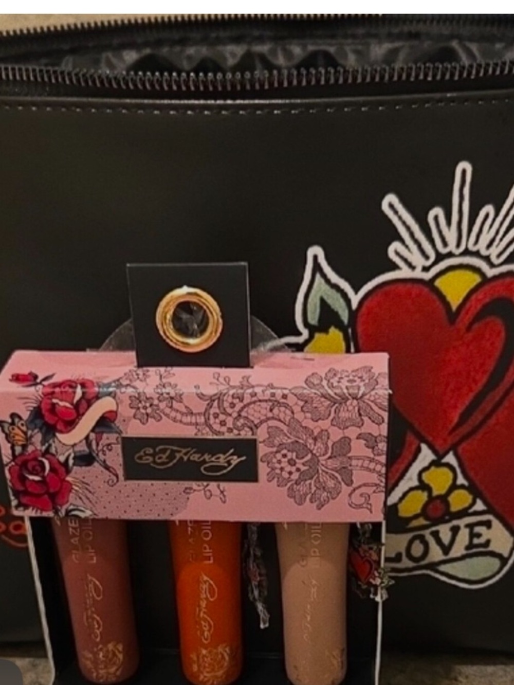 Ed Hardy Women’s Black Cosmetic Pouch w Lip Gloss Set